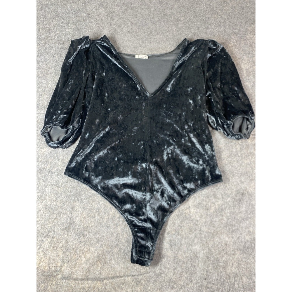 Free People Intimately Crushed Velvet Puff Sleeve V-Neck Bodysuit Womens‎ M